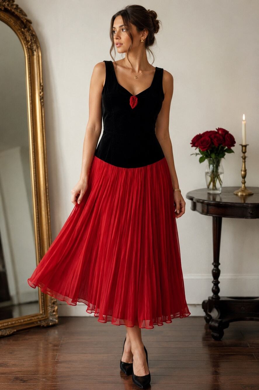 Vintage Miss Selfridge London Black Velvet & Red Pleated Midi Dress | UK 14